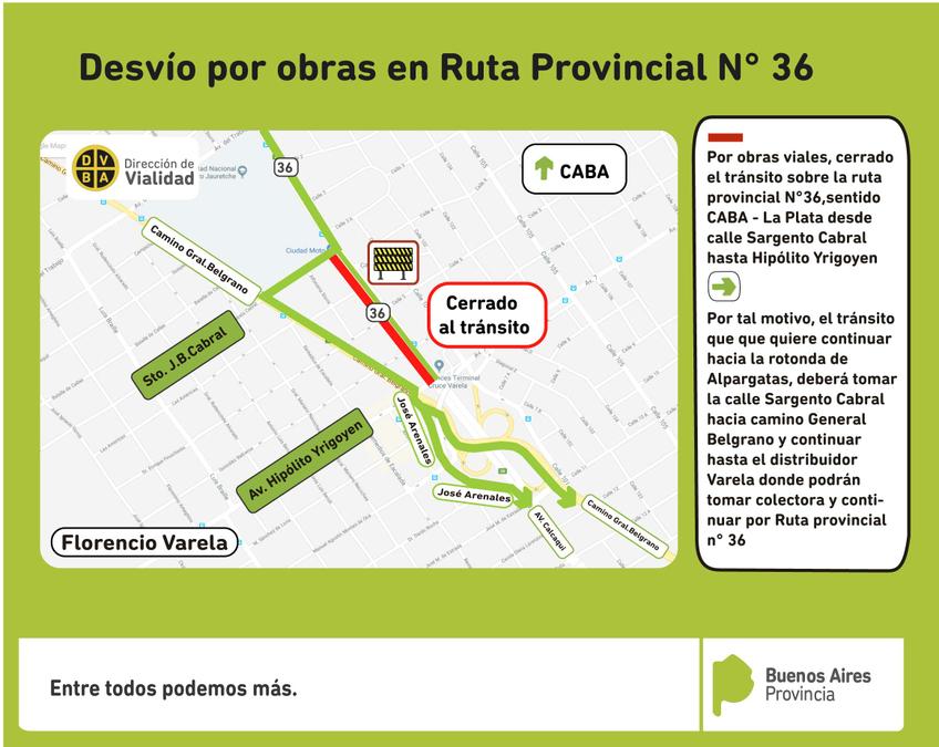 Ruta Provincial 36: desvíos por obras viales en Florencio Varela